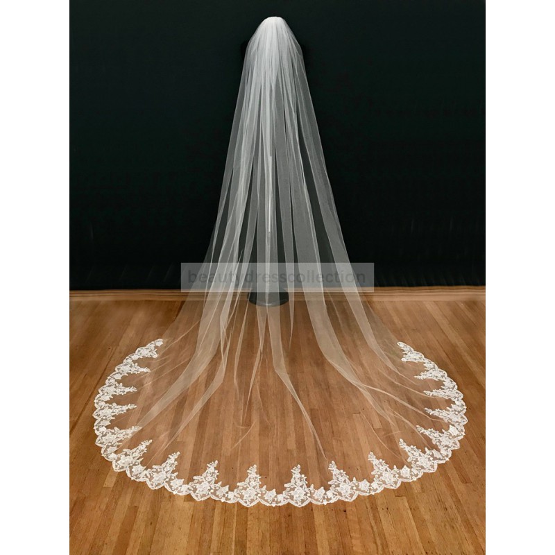Bridal Wedding Cathedral Long Tier With Comb Lace ivory Soft Net 3m RER 