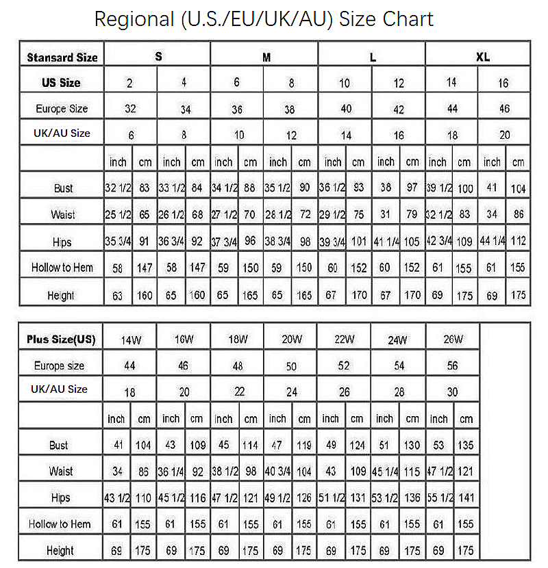 regional standard size chart